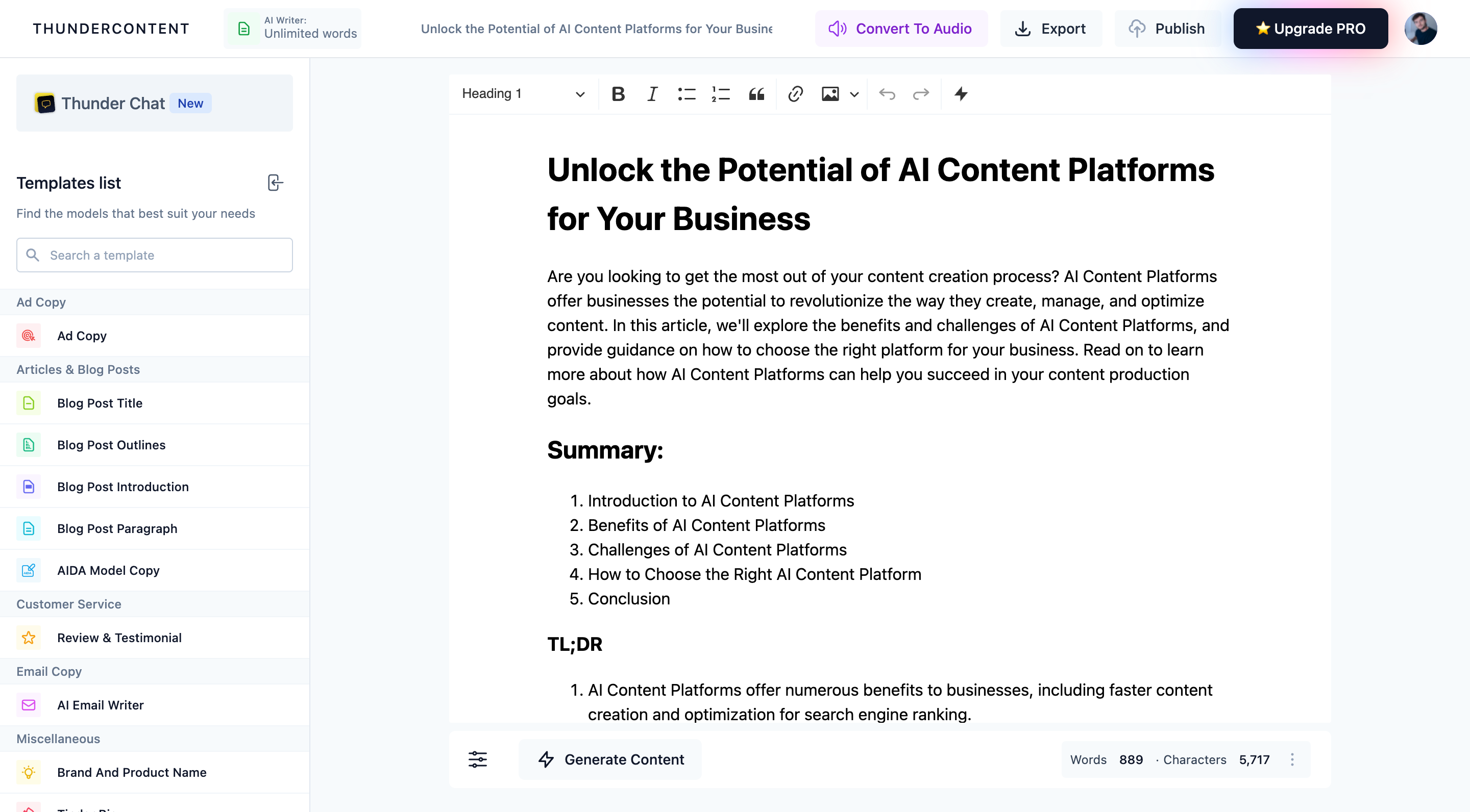 AI Writer preview dashboard